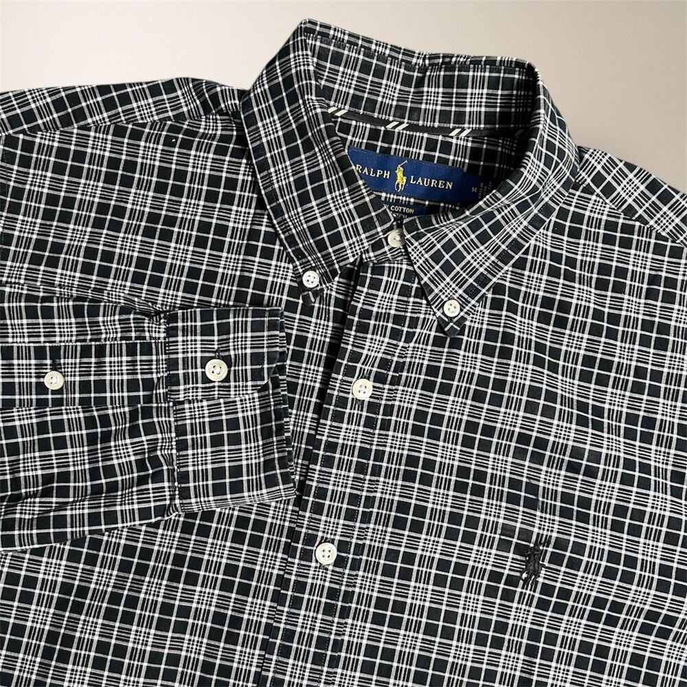 Ralph Lauren M Black White Plaid Cotton Stretch Button Down‎ Long Sleeve Shirt